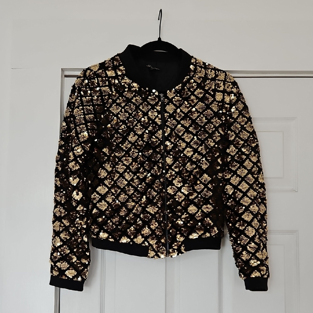 Gold Sequin BomberJacket Black and Gold Bomber Jacket with Geometric Design.